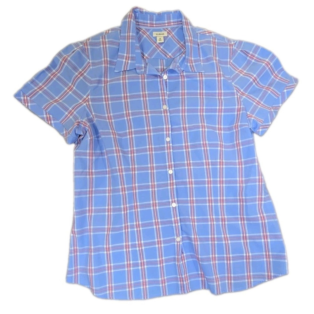 LL Bean Shirt Womens Medium M Blue Pink Plaid Short Sleeve Cotton Button Down